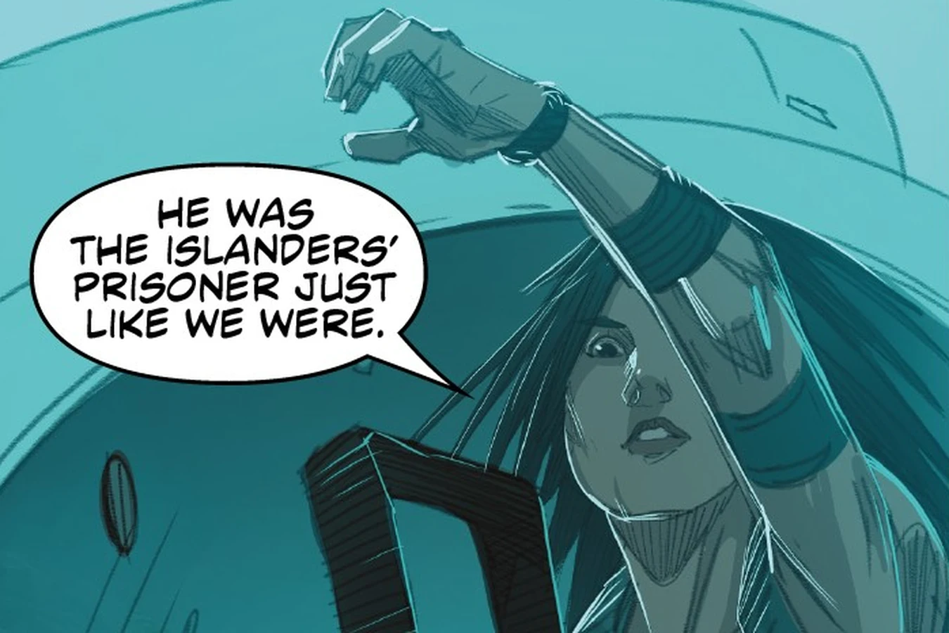 Jaya Soames reaches up inside the helicopter to drop a bag of gear to the last Exile in Predator: Hunters
