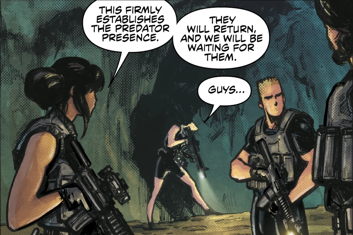 Jaya Soames and her team examine the Predators' trophy chamber in the flooded caverns of Belize in Predator: Hunters III