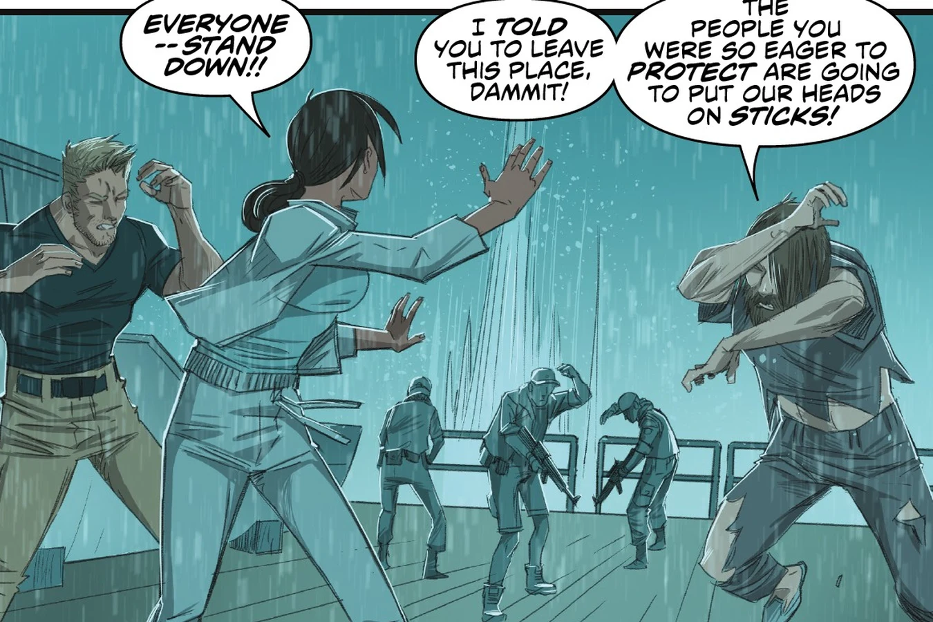 Jaya Soames orders her crew to stand down in the rain as the freed prisoner warns her on the deck of the Durga in Predator: Hunters
