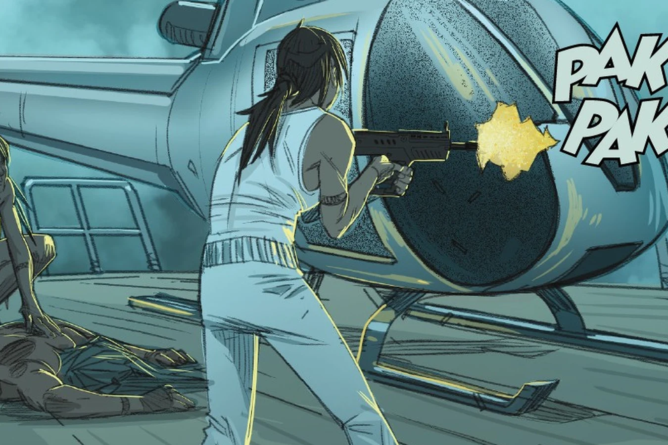 Jaya Soames fires a rifle on the deck of the Durga as she retakes her ship from the colonists in Predator: Hunters