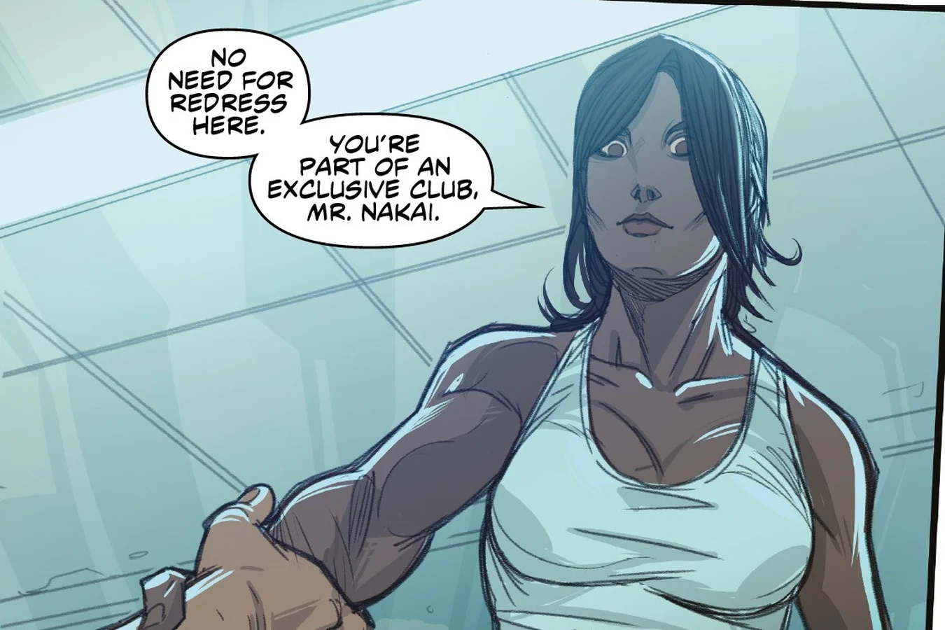 Jaya Soames offers her hand to Enoch Nakai after their judo bout in the gym aboard the Durga in Predator: Hunters