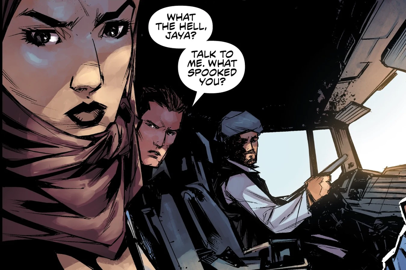 Jaya Soames rides in the truck in her headscarf as her teammates ask what spooked her in Predator: Hunters II