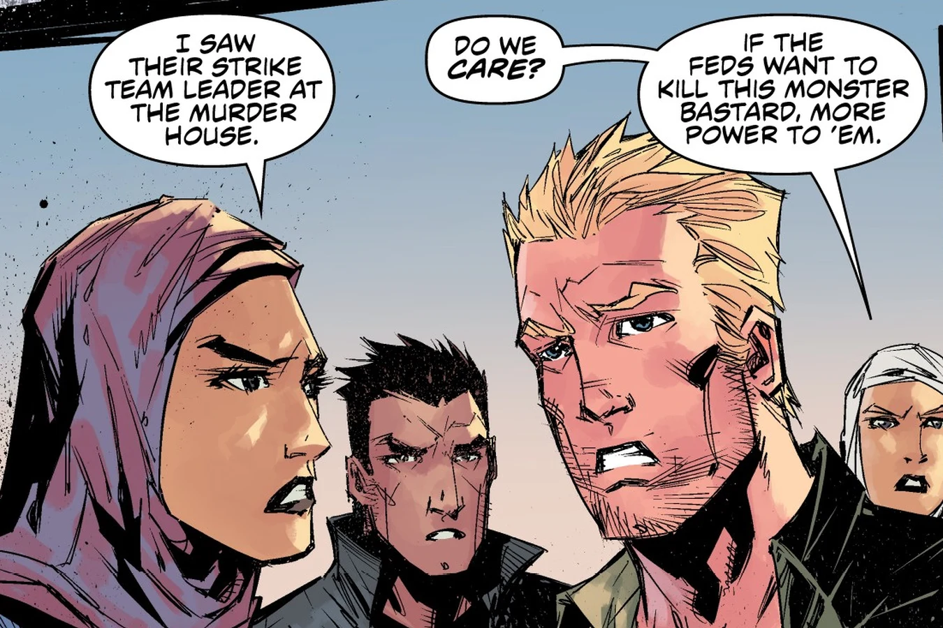 Jaya Soames tells Tyler Swain, Raphael Herrera and Mandy Graves that she saw the Stargazer strike team leader in Predator: Hunters II