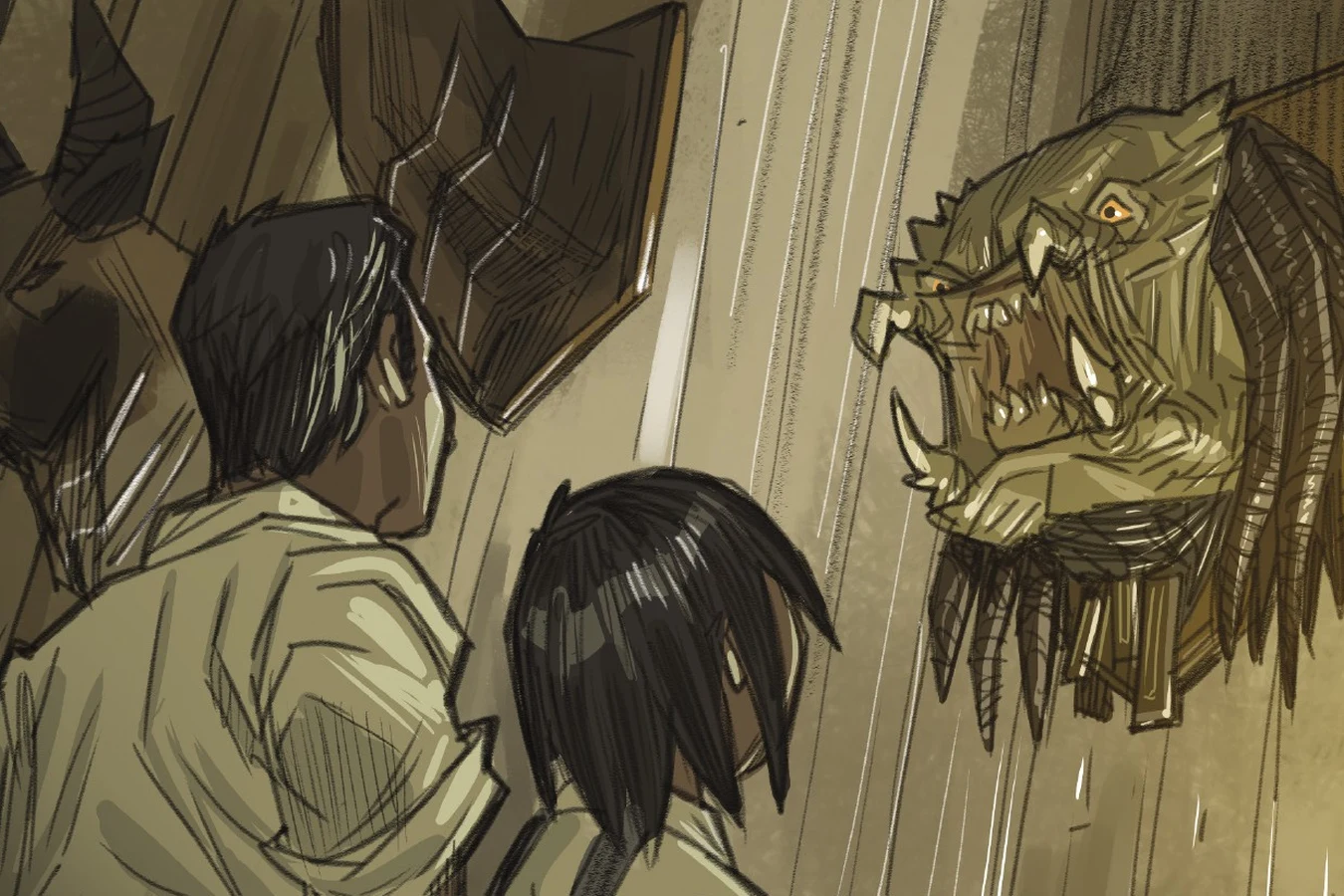 Young Jaya Soames and her father look up at a mounted Predator head in the family trophy room in Predator: Hunters