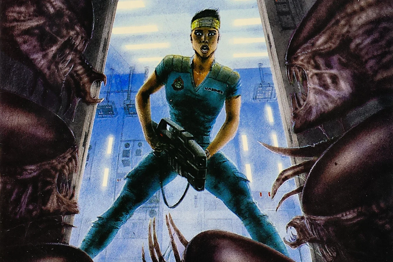 Carmen Vasquez surrounded by Xenomorphs on the Aliens Colonial Marines comic cover