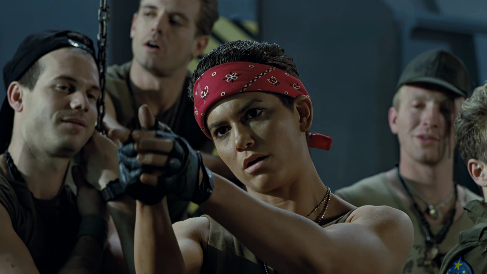 PFC Jenette Vasquez making a finger-gun in the Sulaco briefing in Aliens