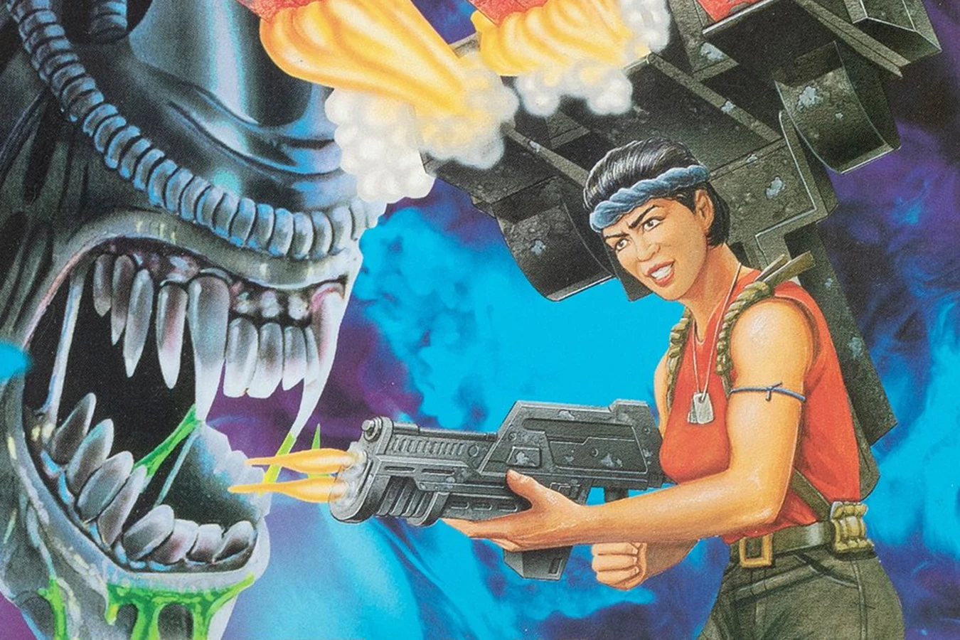 Kenner Aliens Space Marine card art of Vasquez facing a Xenomorph