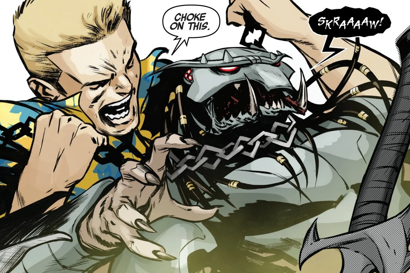John Schaefer chokes a Predator during the trap fight on Glenelg in Predator: The Last Hunt