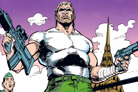 John Schaefer stands on the Pan Am Building heliport with an assault rifle and a pistol as the Chrysler Building rises behind him in Predator: Concrete Jungle