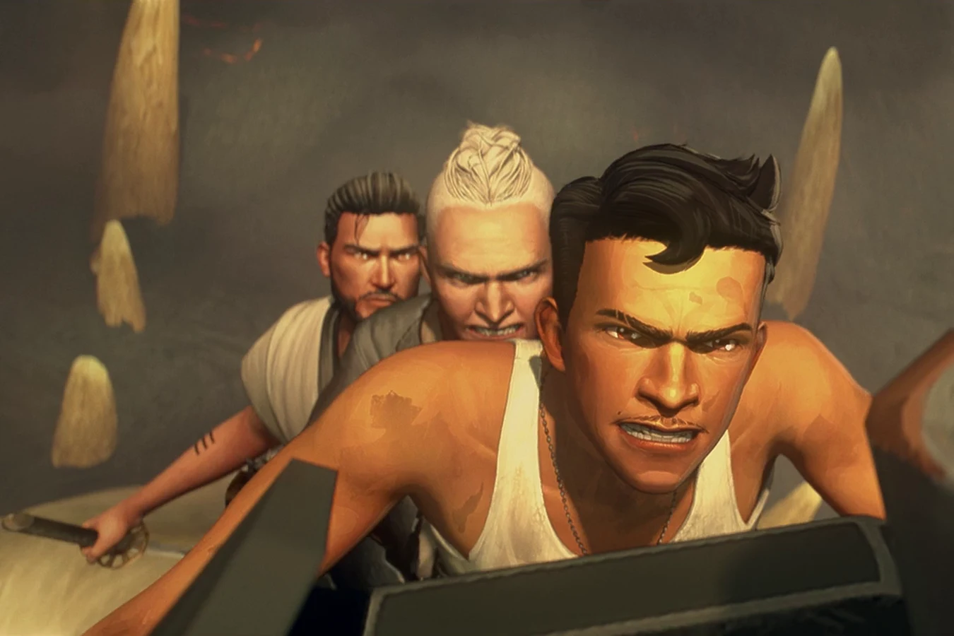 Torres steers a hoverbike with Ursa and Kenji packed behind him