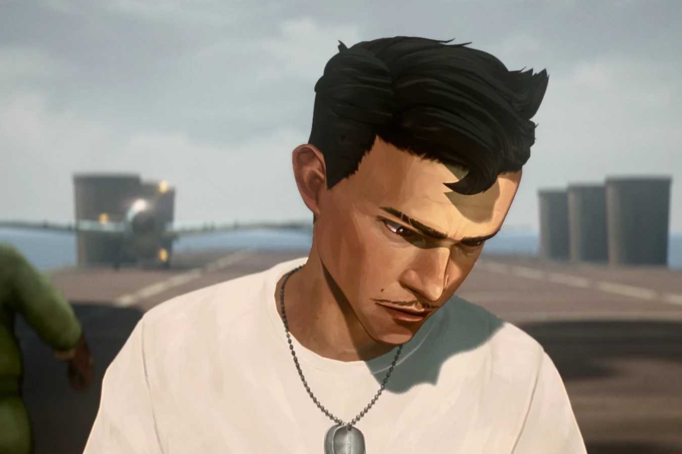 Ensign Torres on the Ranger flight deck in a white shirt and dog tags