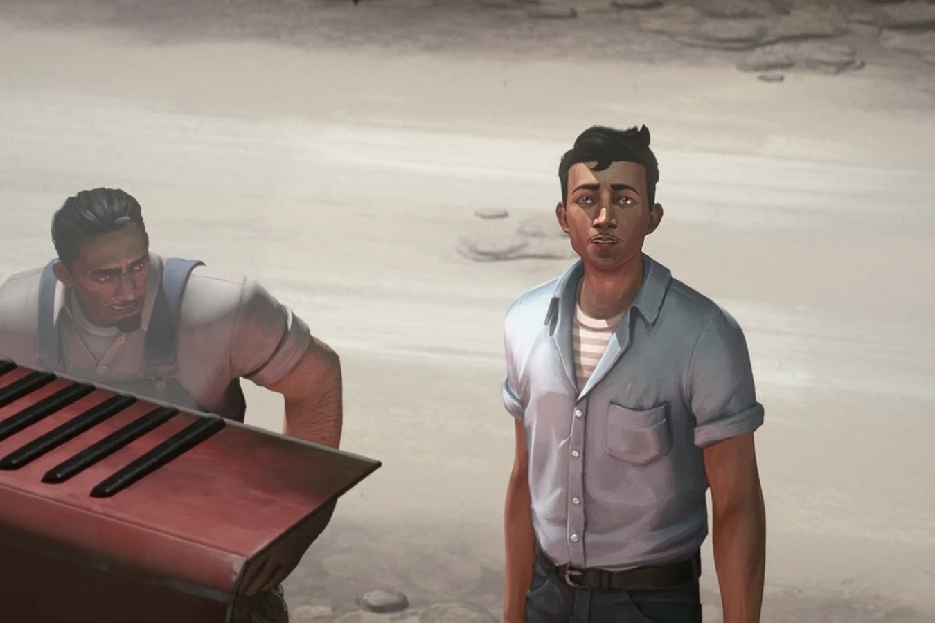 Young Torres stands beside his father at a broken car engine