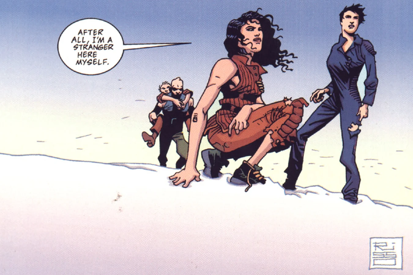 Johner carrying Vriess on his back in the snow behind Ripley 8 and Call at the end of the Dark Horse Alien Resurrection comic