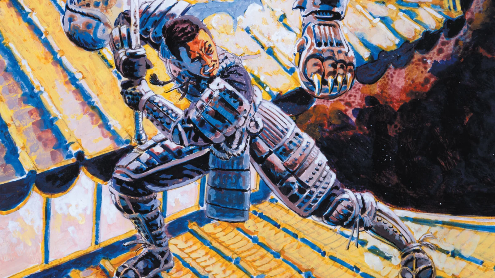 Leo Durañona's painting of an armored samurai on a tiled rooftop raising his sword as a cloaked Predator reaches for him