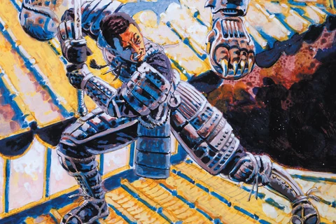 Leo Durañona's painting of an armored samurai on a tiled rooftop raising his sword as a cloaked Predator reaches for him