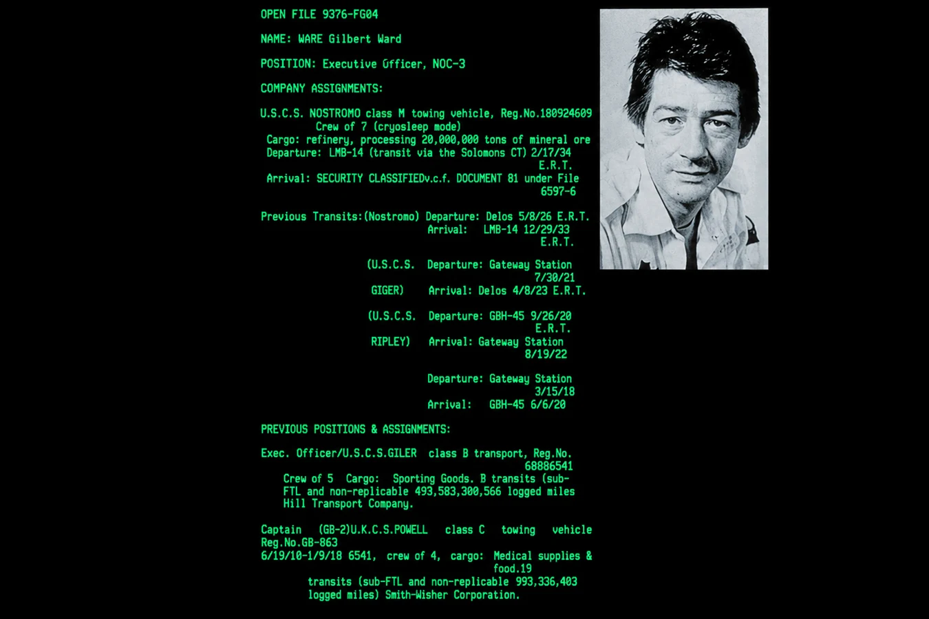 Kane's closed personnel file from the Aliens inquiry