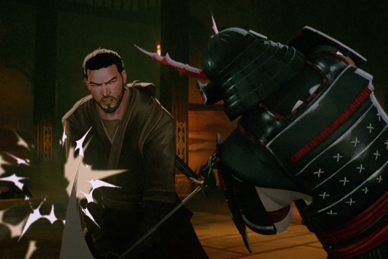 Kenji fights Kiyoshi, the scar on Kenji's face visible