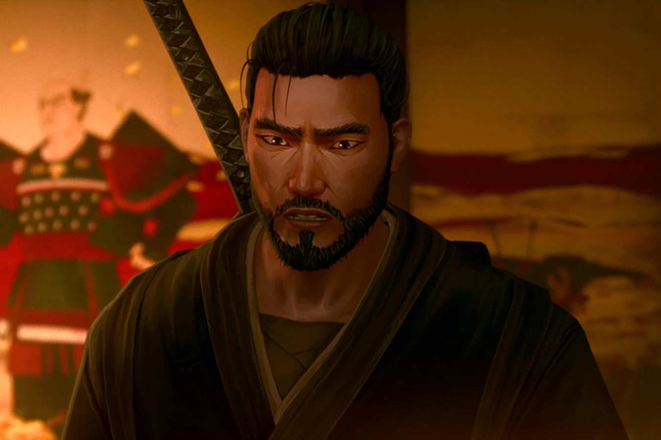 Kenji Kawakami with a scar across his face, a sword in his hands