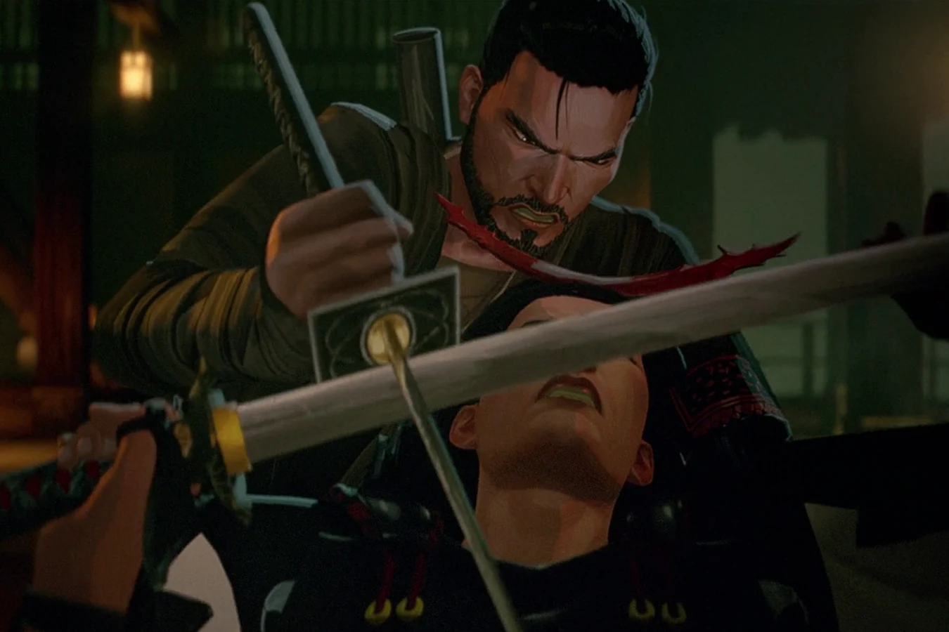 Kenji and Kiyoshi duel with swords inside the castle