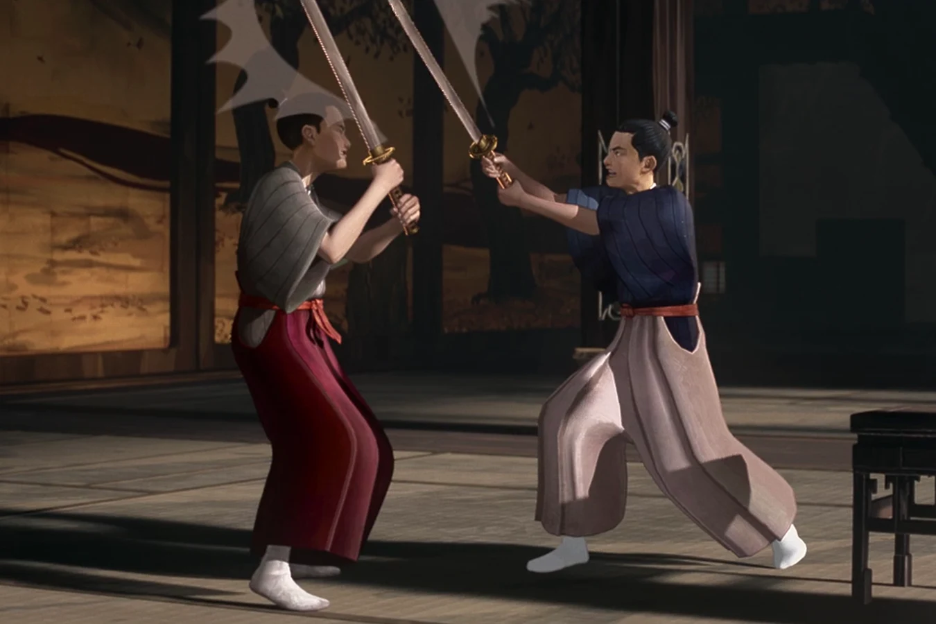 Young Kenji and Kiyoshi face each other with wooden swords