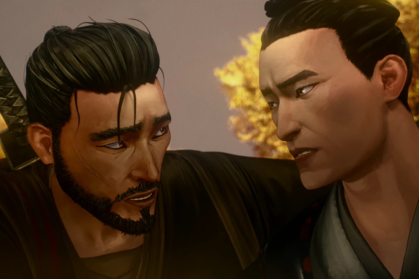 Kenji and Kiyoshi stand together as adults, Kenji's face scarred