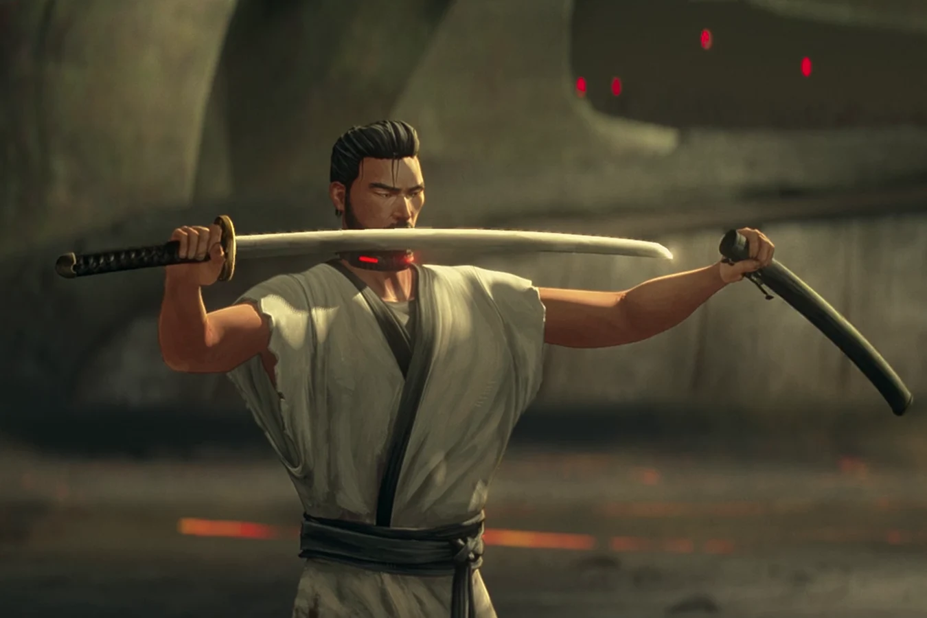 Kenji with a sword on the arena floor of Yautja Prime