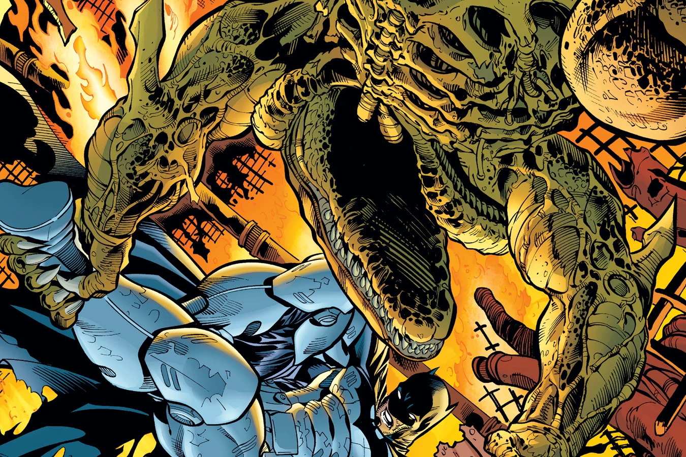 Batman fighting the Killer Croc Xenomorph