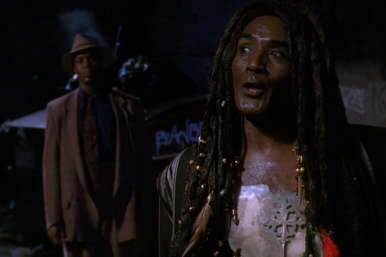 King Willie in his Jamaican regalia in a Los Angeles alley in Predator 2