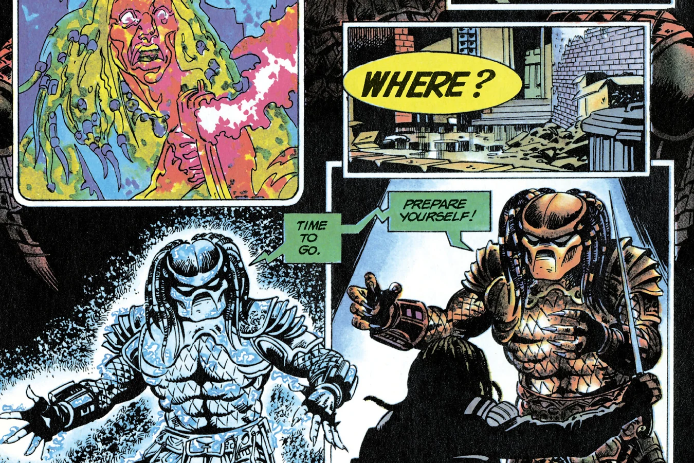 The cloaked Predator confronts King Willie with his cane sword in the Dark Horse Predator 2 comic