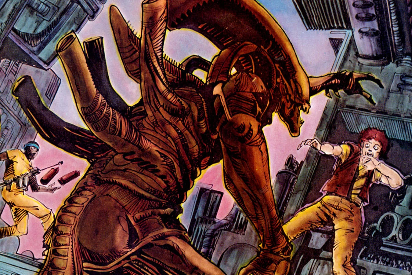 Lambert recoils from the adult Xenomorph while Parker brings a flamethrower in Alien: The Illustrated Story