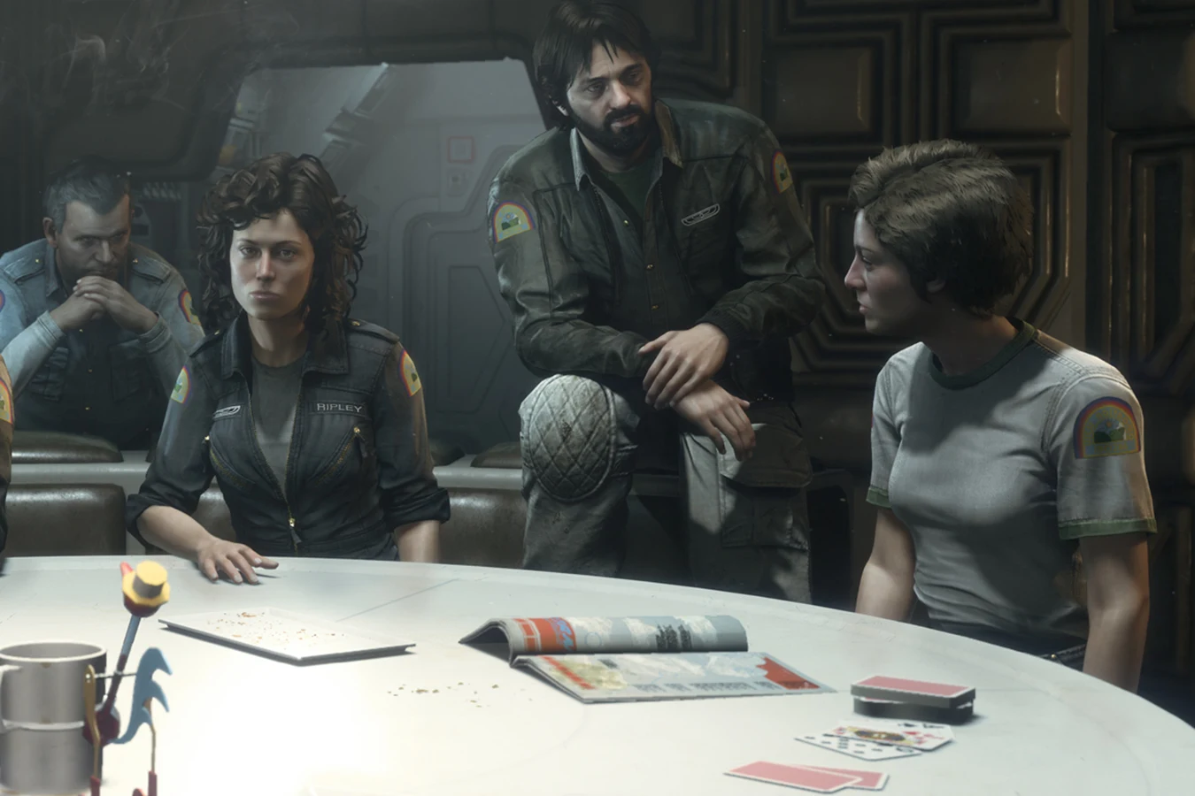 Lambert at the Nostromo mess table with Ripley and Parker in Alien: Isolation