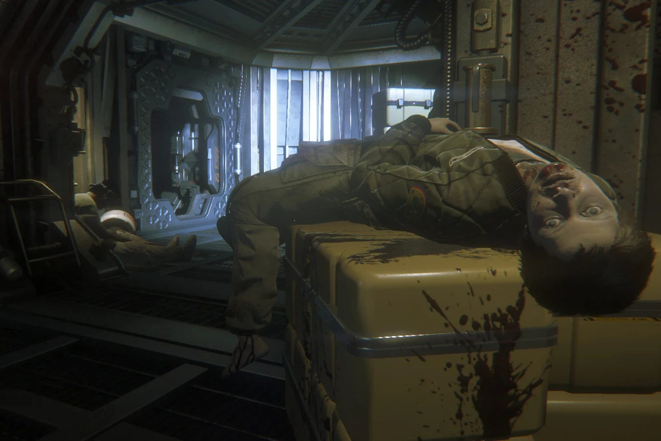 Lambert's body lies across supply crates in Last Survivor, blood at her mouth and between her legs, with Parker on the floor