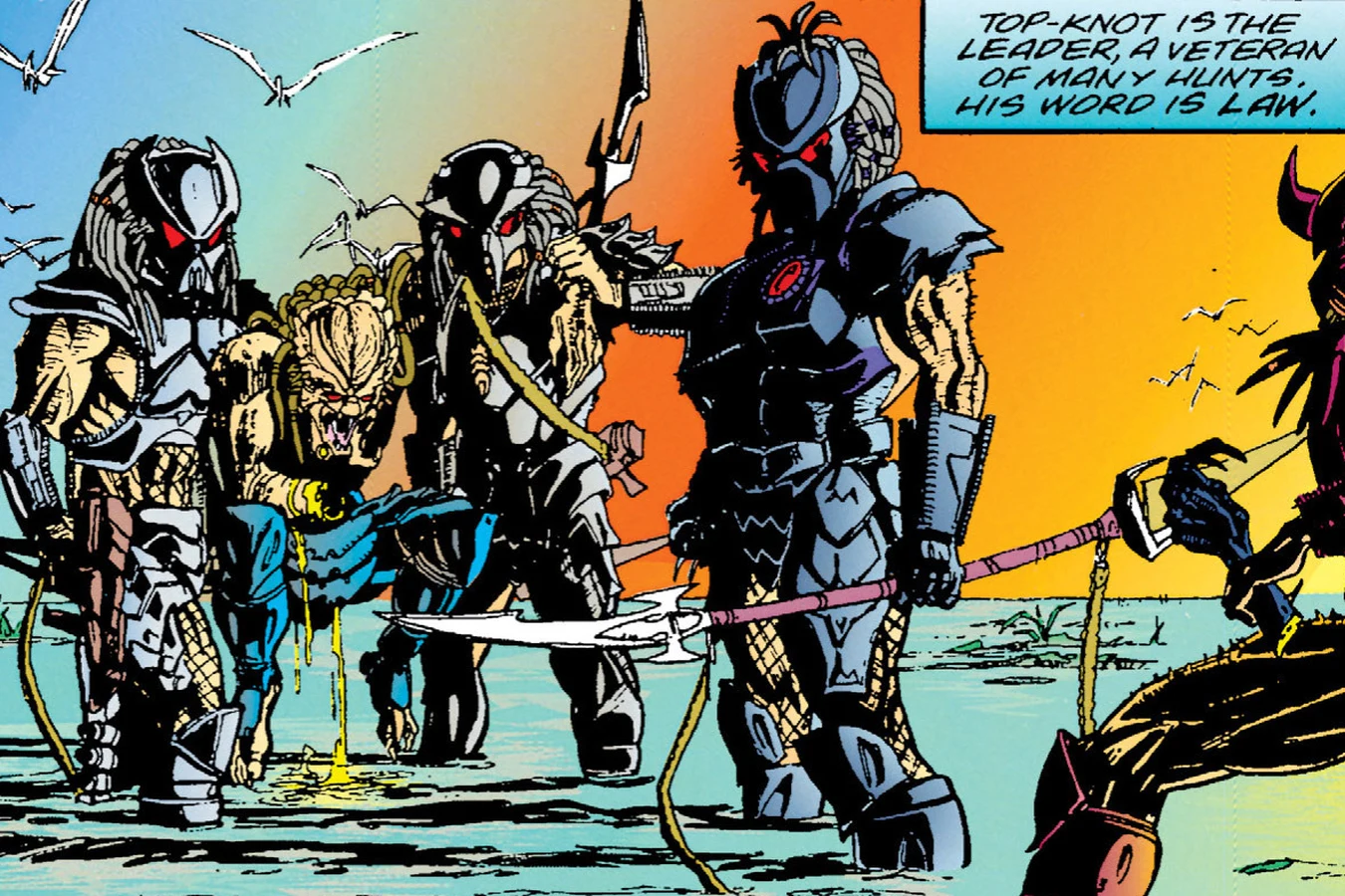 Two hunters carry the wounded Light-Stepper through the shallows as Top-Knot stands with his glaive in Aliens vs. Predator: Blood Time