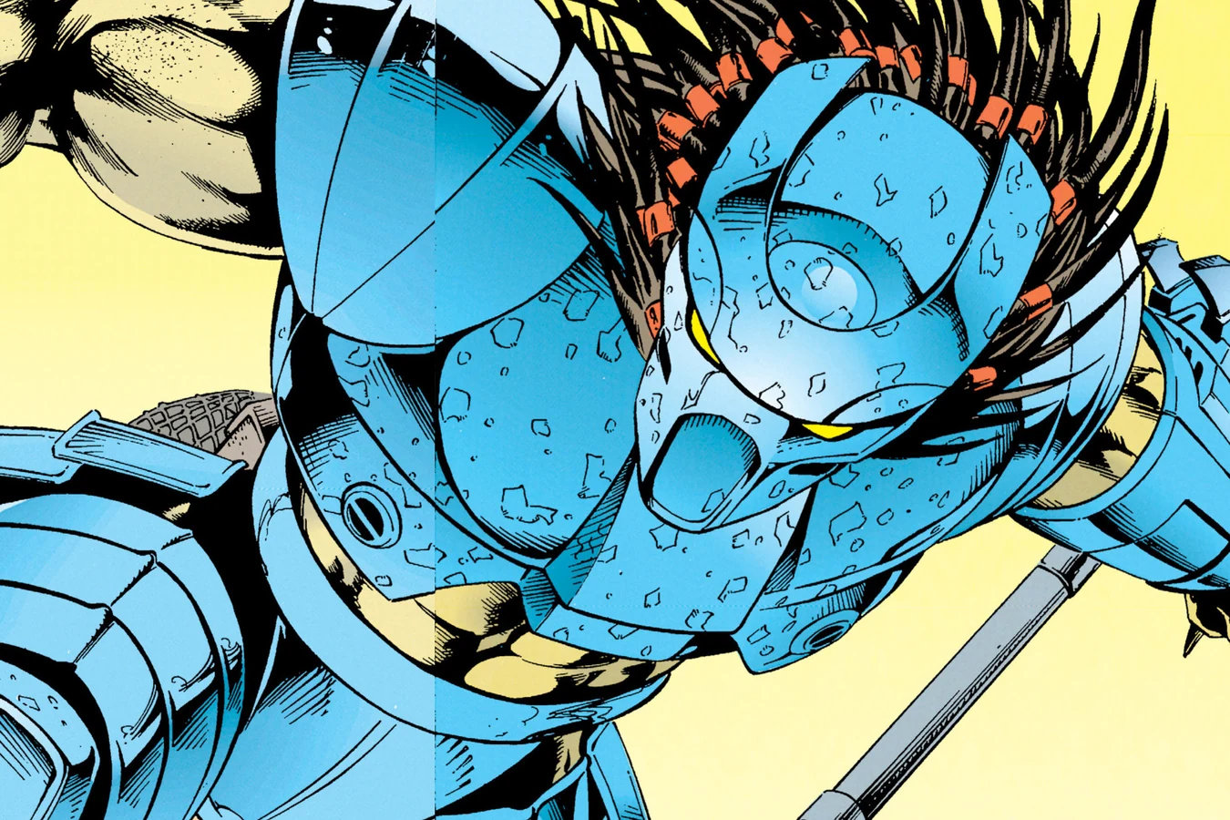 Light-Stepper in blue armor charging with his spear as bullets burst around him in Aliens vs. Predator: Duel