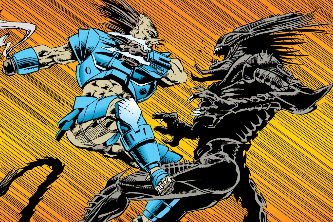 Light-Stepper grappling the Predalien with his blades on the ridge in Aliens vs. Predator: Duel
