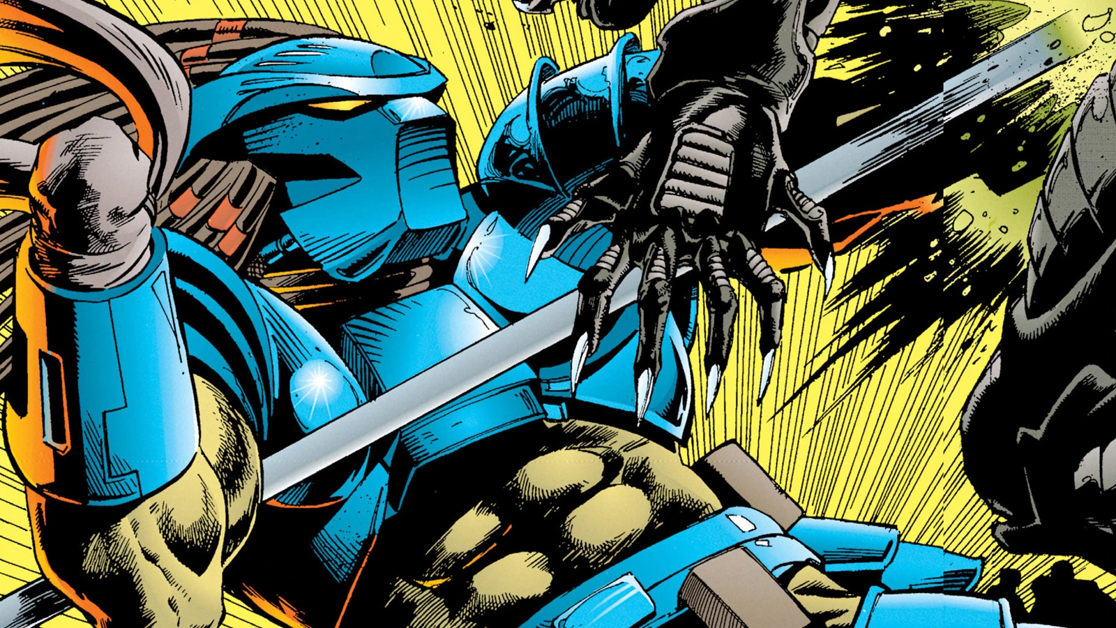 Light-Stepper in blue armor fighting a Xenomorph with his spear in Aliens vs. Predator: Duel