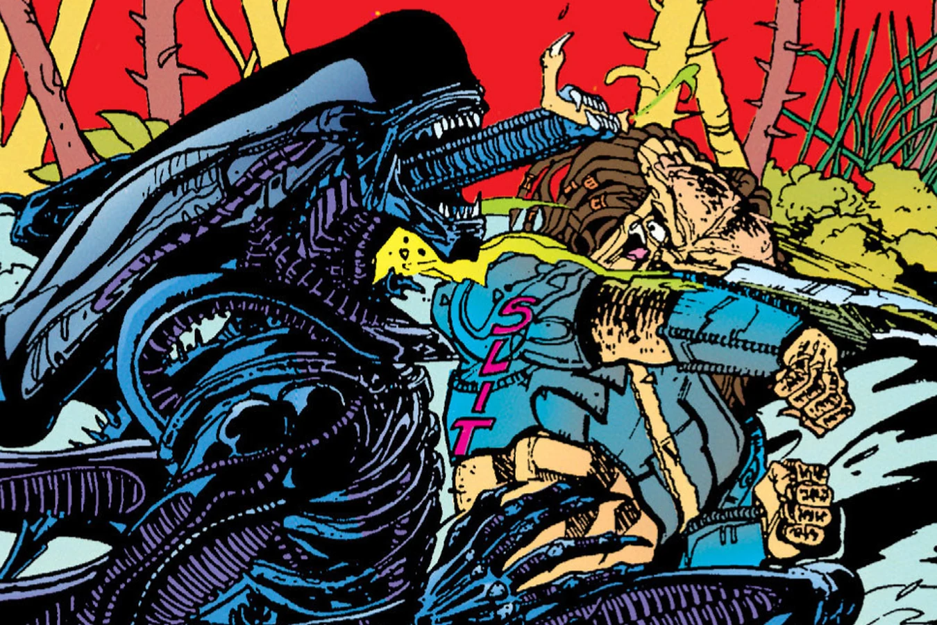 Acid sprays from a dying Xenomorph across Light-Stepper as they fall together in the swamp in Aliens vs. Predator: Blood Time