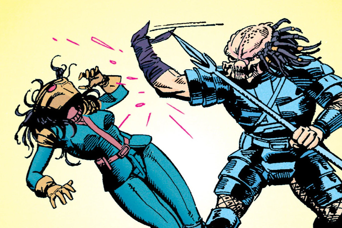 Light-Stepper knocking Machiko Noguchi down with the shaft of his spear in Aliens vs. Predator: War