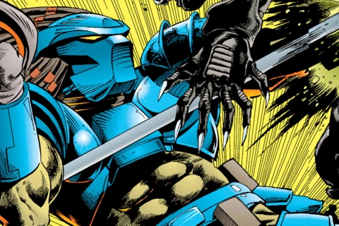 Light-Stepper in blue armor fighting a Xenomorph with his spear in Aliens vs. Predator: Duel
