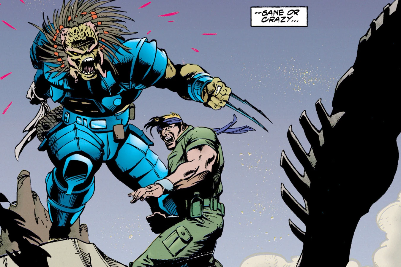 Unmasked Light-Stepper leaping past Captain Glass with his wristblades out on the ridge in Aliens vs. Predator: Duel