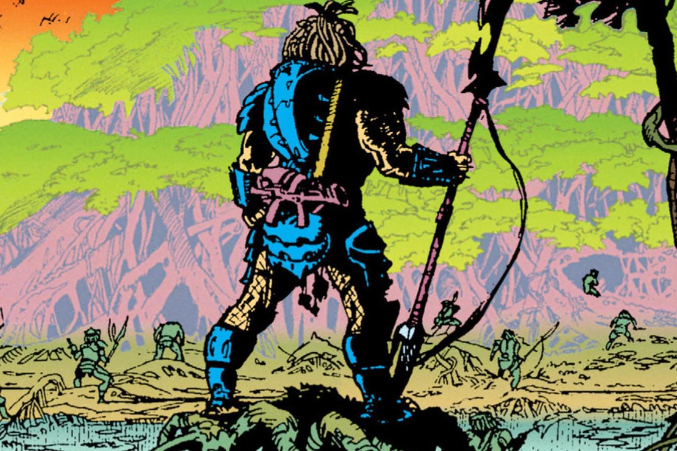 Top-Knot stands on a mound with his spear as the young hunters wade through the swamp below in Aliens vs. Predator: Blood Time