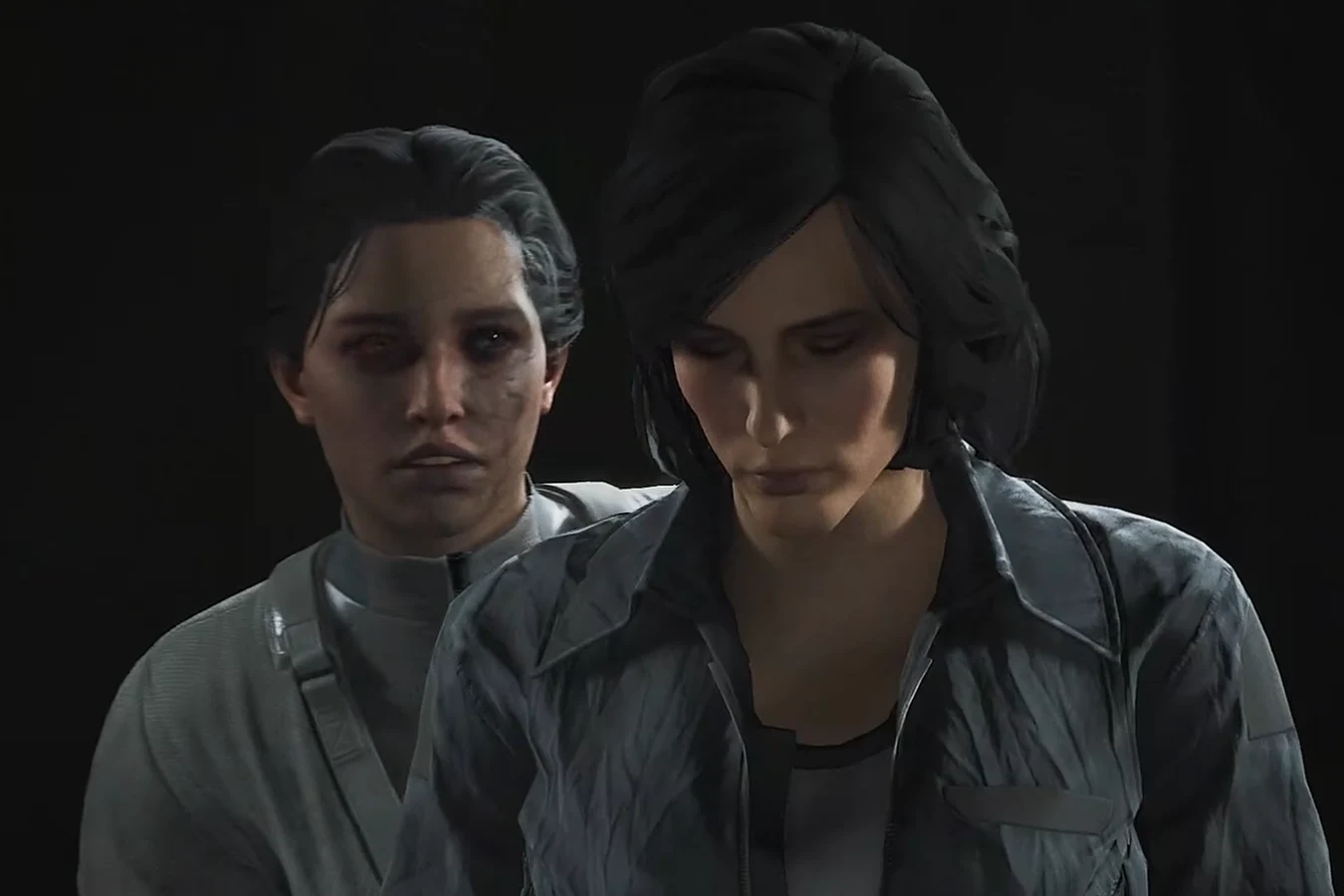Dr. Lily Pearce standing behind Esther 1089-12/A7 in Aliens Fireteam Elite 2
