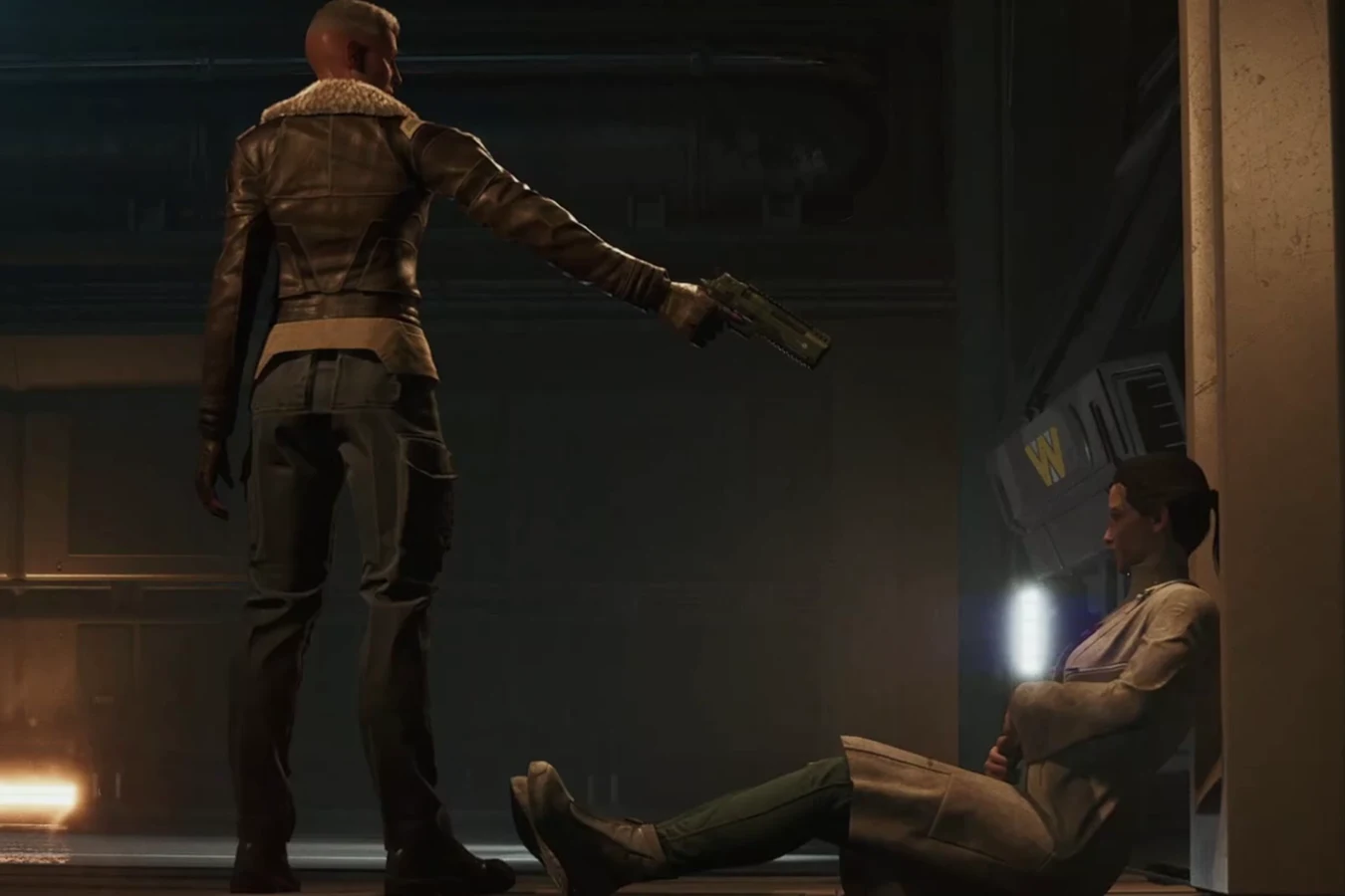 General Olivia Shipp aiming a pistol at the wounded Dr. Lily Pearce in Aliens Fireteam Elite 2