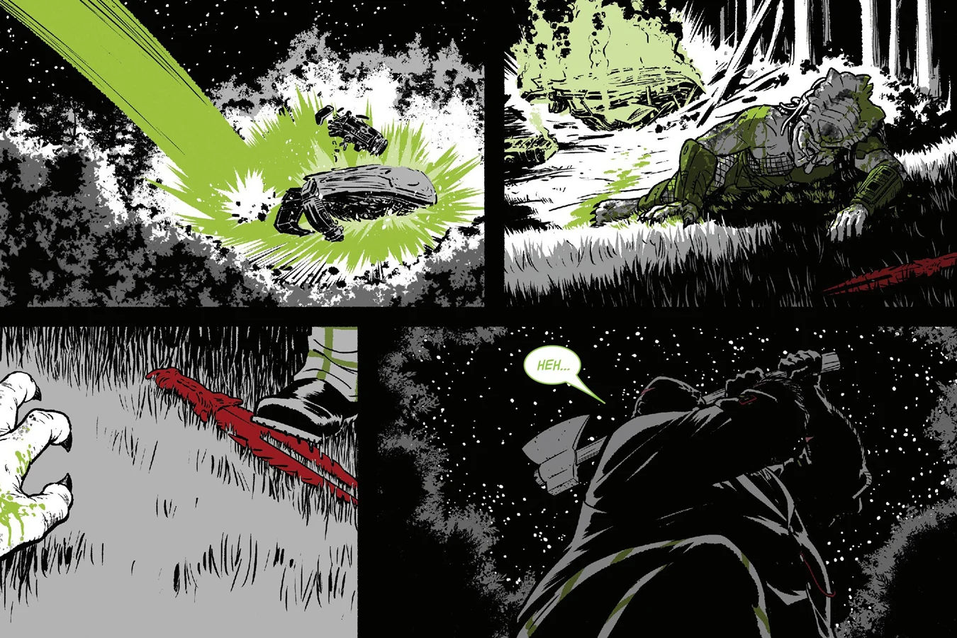 Lucky Boy's ship crashing in a forest, the wounded hunter crawling from the wreck, and a boot beside his severed arm as a man with an axe looms over him in Predator: Black, White & Blood #2