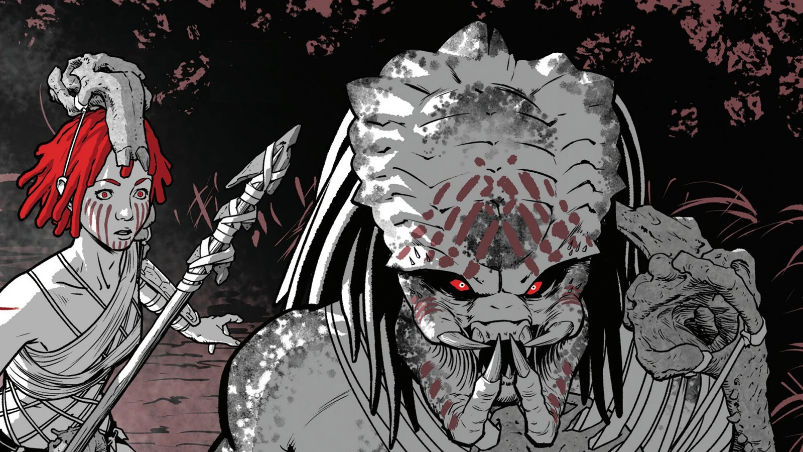 Lucky Boy, unmasked and war-painted, with Millie behind him in the Bloodwood forest