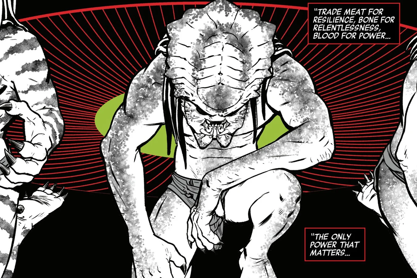 A young Yautja crouching at the center of the blooding rite on Yautja Prime as the elder's verse calls for blood for power in Predator: Black, White & Blood #2