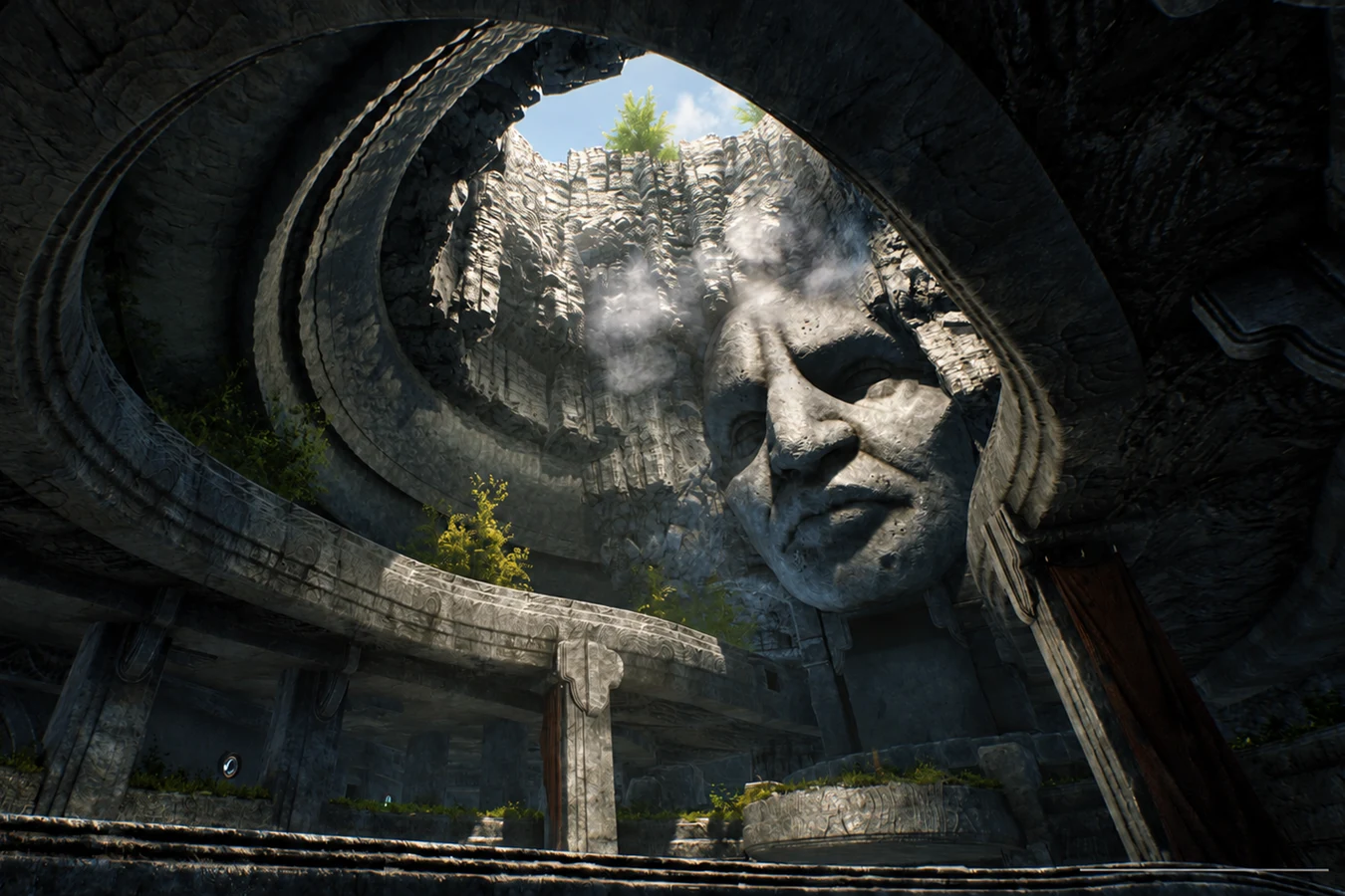 A giant Engineer stone head in a circular ruin open to the sky on LV-895