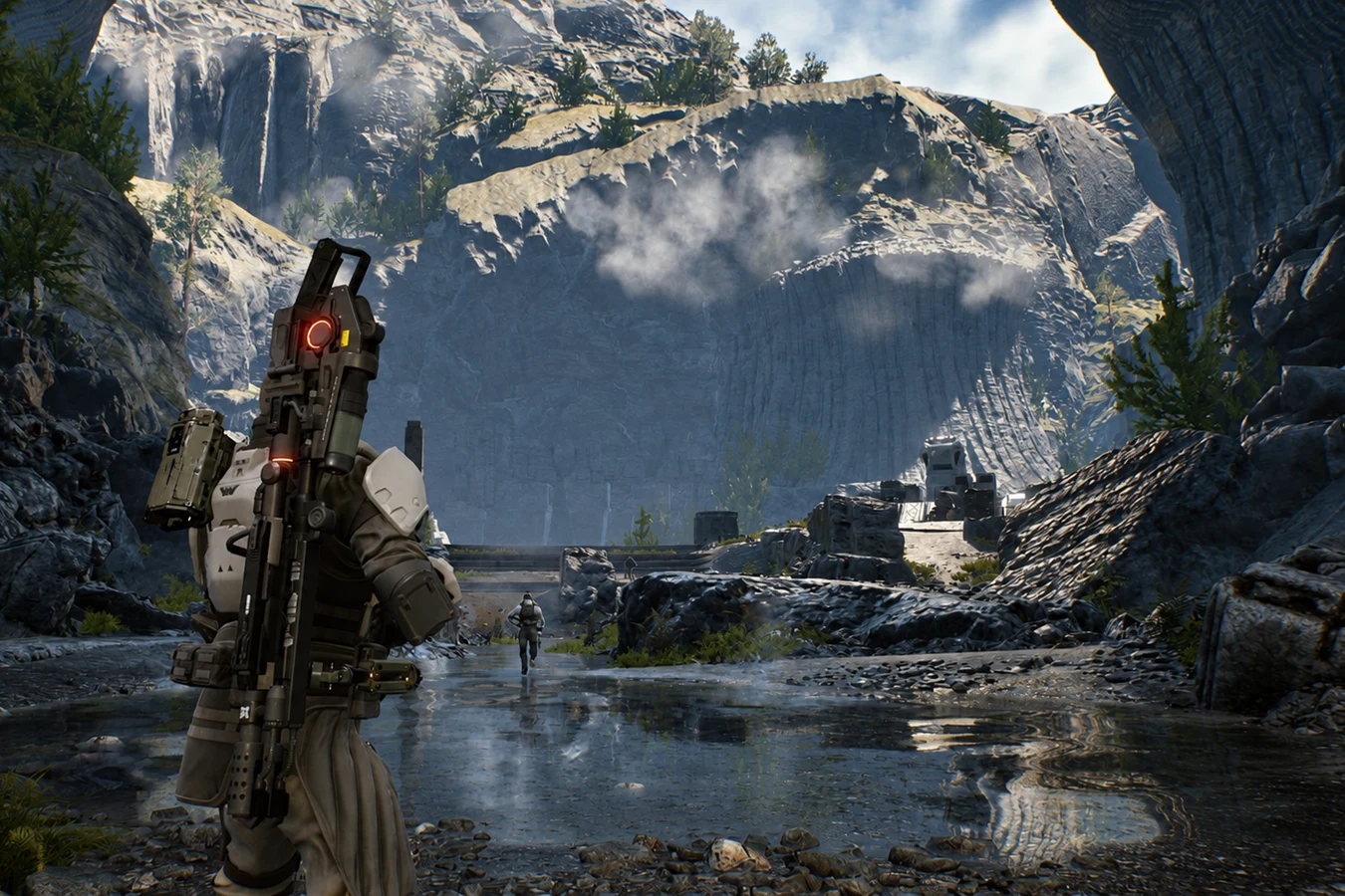 Colonial Marines crossing a flooded canyon toward stone ruins on LV-895