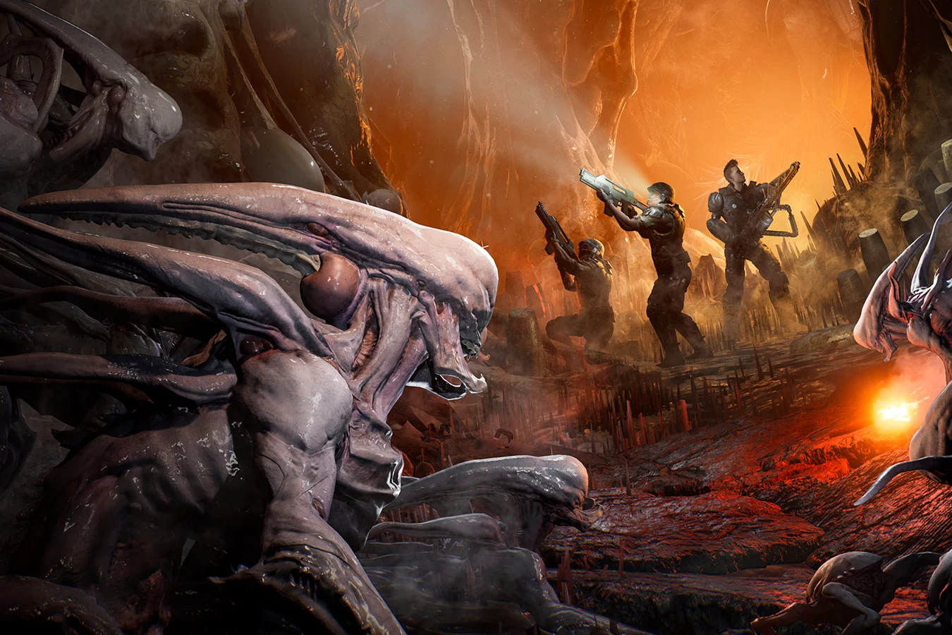 Colonial Marines fighting pale pathogen creatures in a nest under LV-895