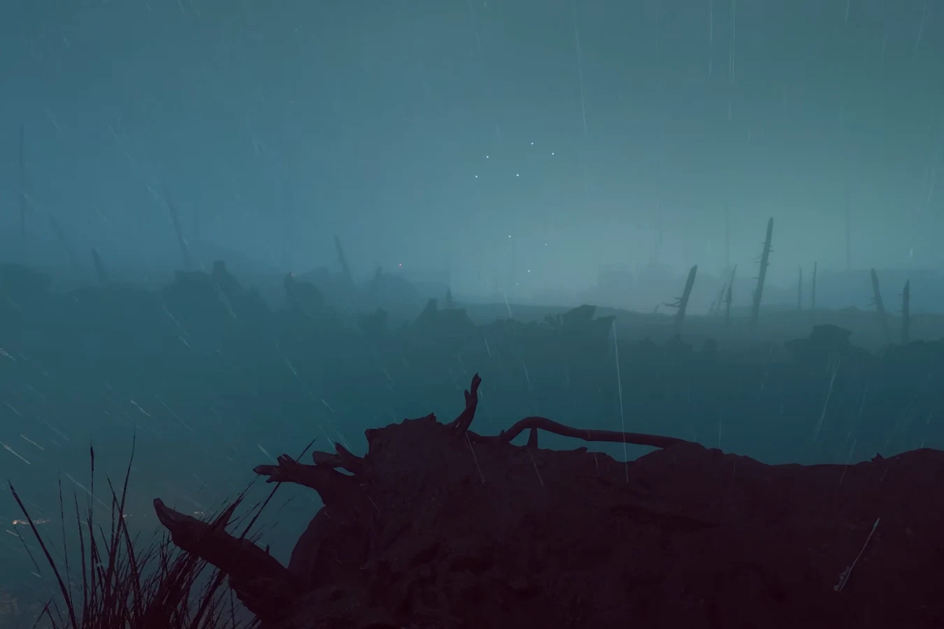 Rain and fog on the colony ground of LV-921, with distant lights through the storm